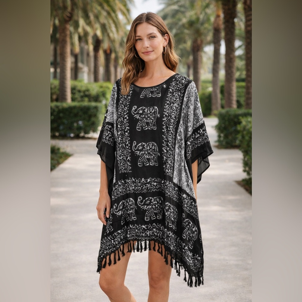 Bohemian Elephant Print Caftan Tunic | Black & White | Fringe Hem | One Size